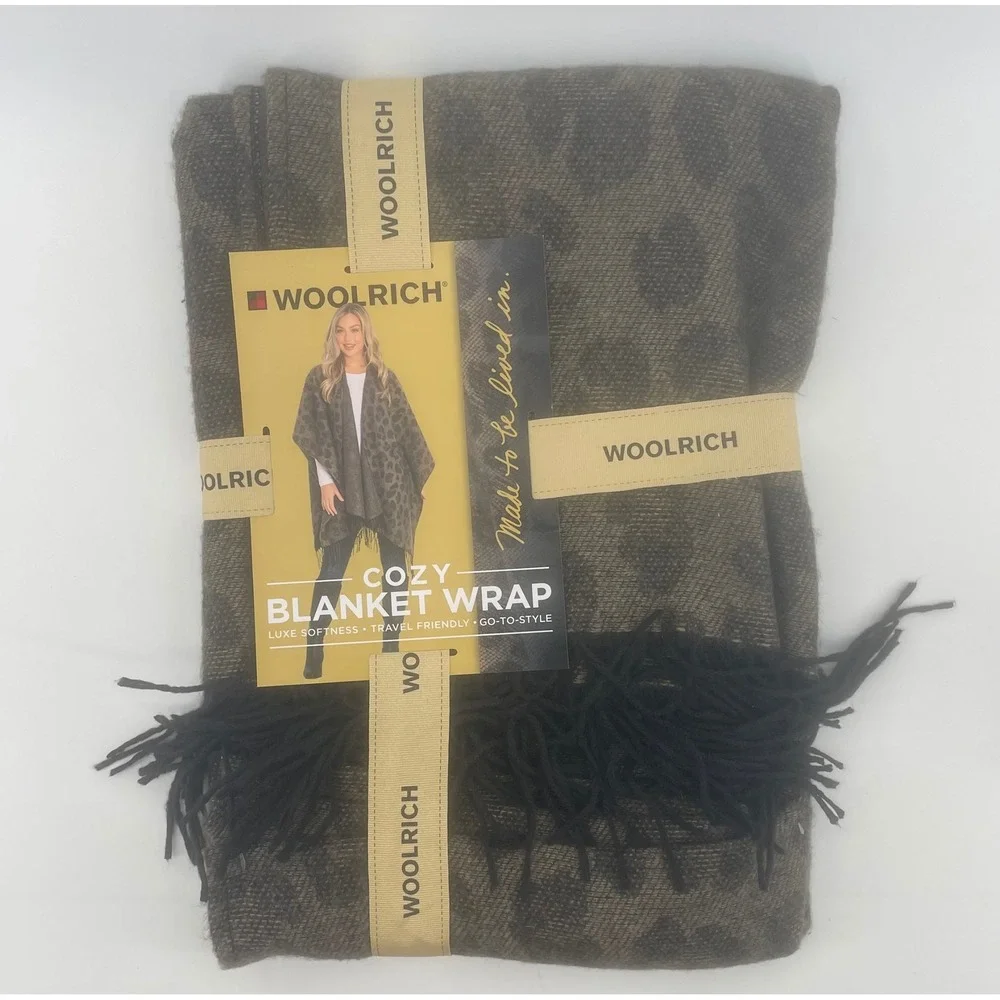 Woolrich Blanket Wrap Women Lana Leopard Olive Black Animal Print Fringe NWT